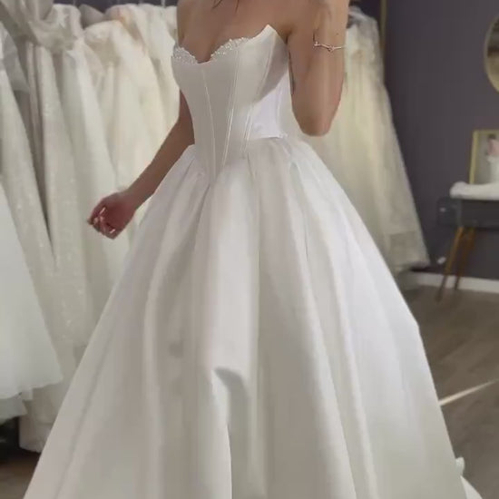 Mikado Wedding Dress - Basque Corset Bridal Gown - Pearl & Crystal Embellished Bodice - Royal Ball Gown - Luxury Princess Wedding Dress