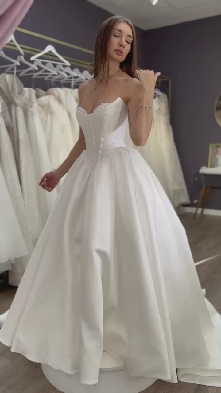 Mikado Wedding Dress - Basque Corset Bridal Gown - Pearl & Crystal Embellished Bodice - Royal Ball Gown - Luxury Princess Wedding Dress