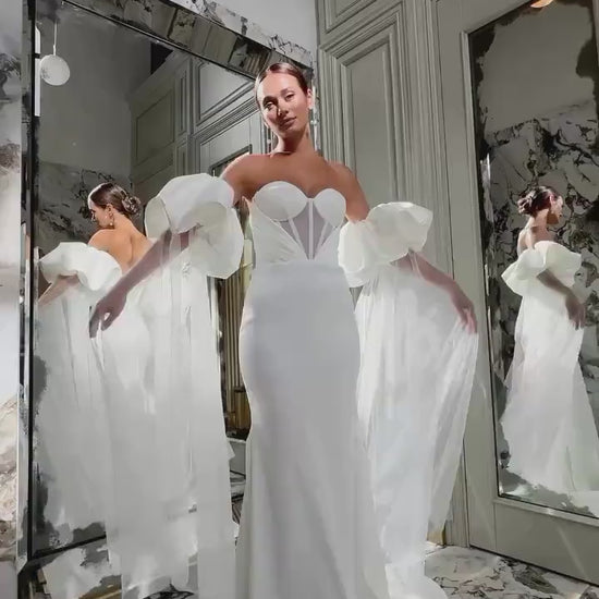 Luxury Mermaid Wedding Dress with Corset Bodice, Mikado Fabric, Draped Bust, Detachable Puff Sleeves, and Elegant Train