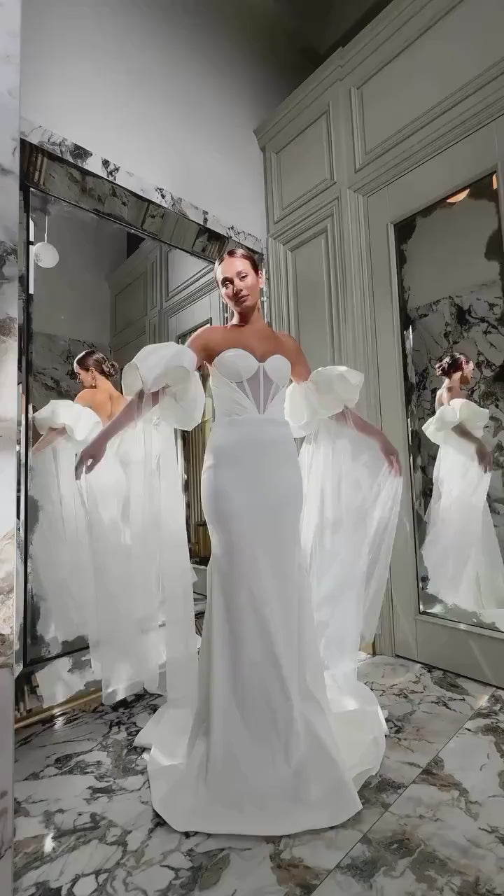 Luxury Mermaid Wedding Dress with Corset Bodice, Mikado Fabric, Draped Bust, Detachable Puff Sleeves, and Elegant Train