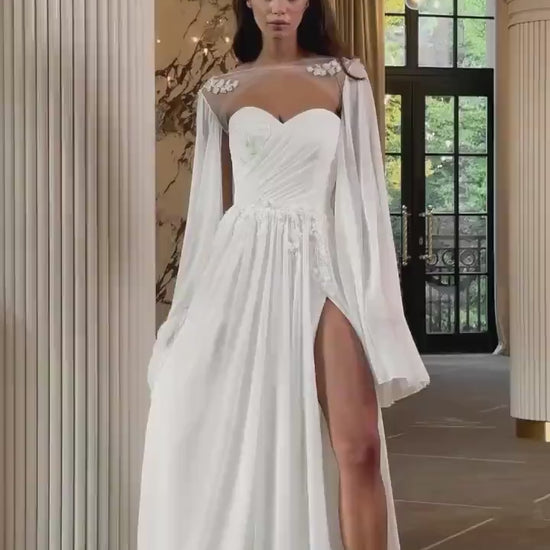 Elegant  Wedding Dress, Sweetheart Neckline, A-line Silhouette, Chiffon Skirt with Slit, Romantic Bridal Gown for Bohemian Weddings