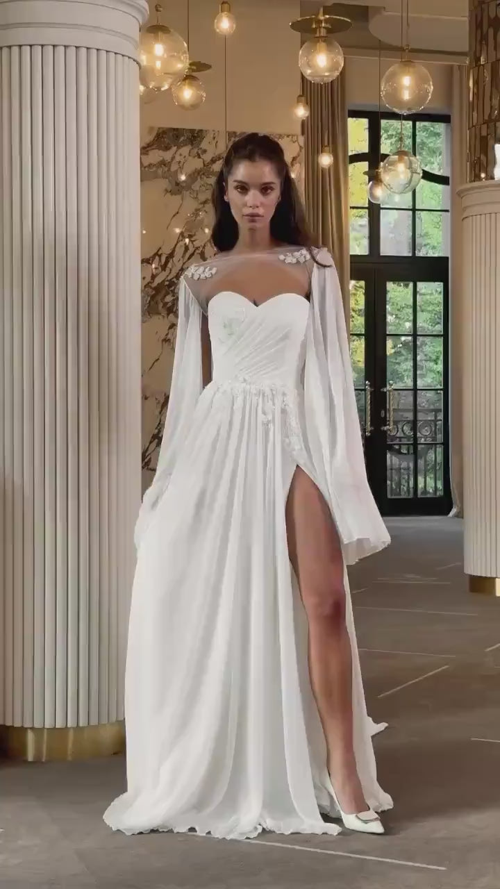 Elegant  Wedding Dress, Sweetheart Neckline, A-line Silhouette, Chiffon Skirt with Slit, Romantic Bridal Gown for Bohemian Weddings