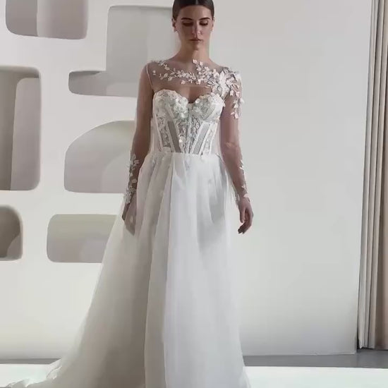 Tulle Bridal Gown with Train, Lace Corset and Sheer Bodice, Floral 3D Applique Long Sleeve A-line Rustic Wedding Dress Bolero Style