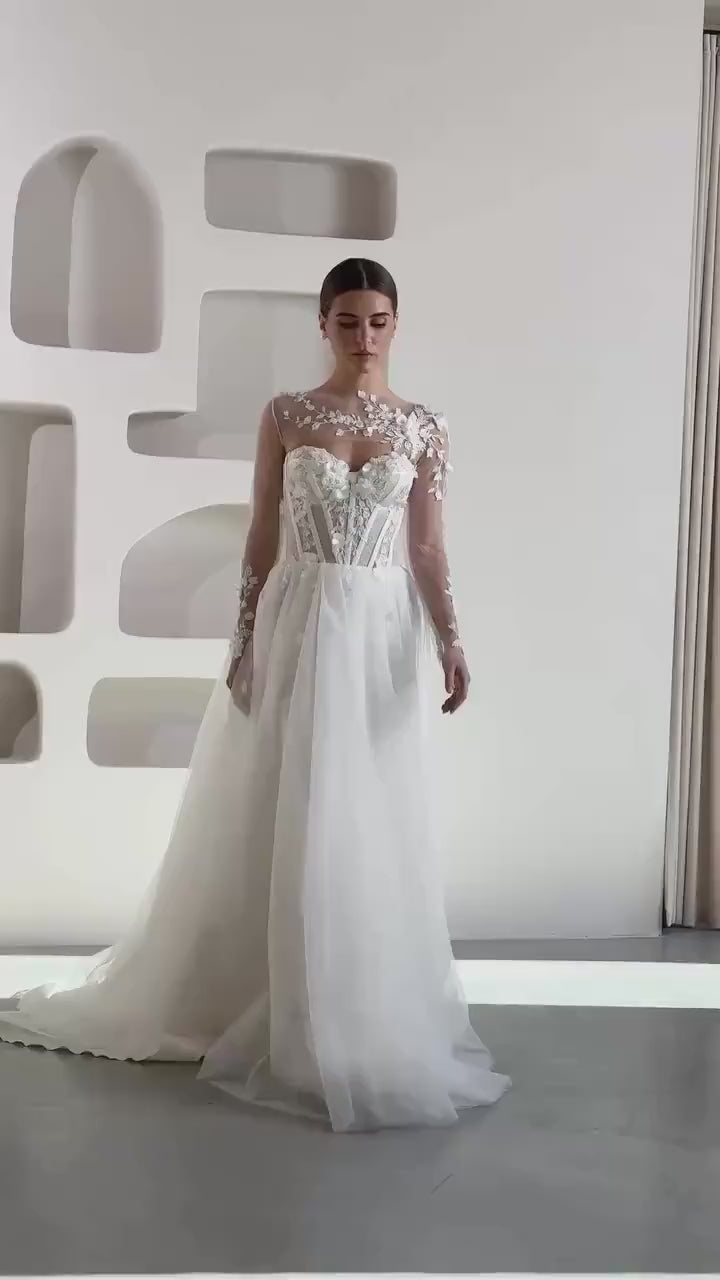 Tulle Bridal Gown with Train, Lace Corset and Sheer Bodice, Floral 3D Applique Long Sleeve A-line Rustic Wedding Dress Bolero Style