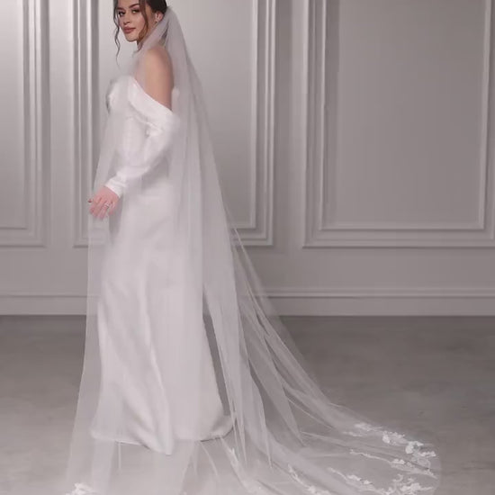Luxurious Long Cathedral Lace Veil with Delicate Floral Embroidery and 3D Flowers, Customizable Wedding Veil for Brides