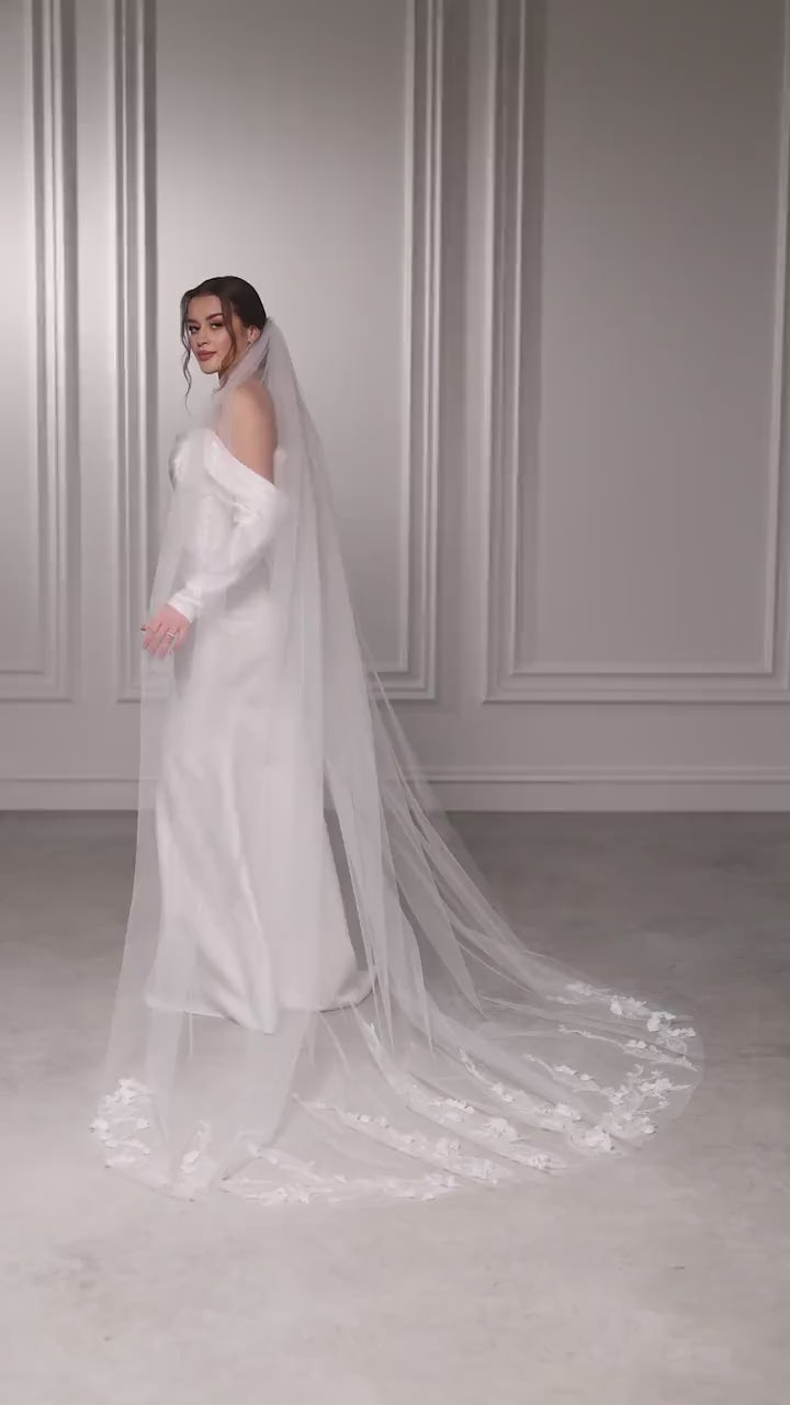 Luxurious Long Cathedral Lace Veil with Delicate Floral Embroidery and 3D Flowers, Customizable Wedding Veil for Brides