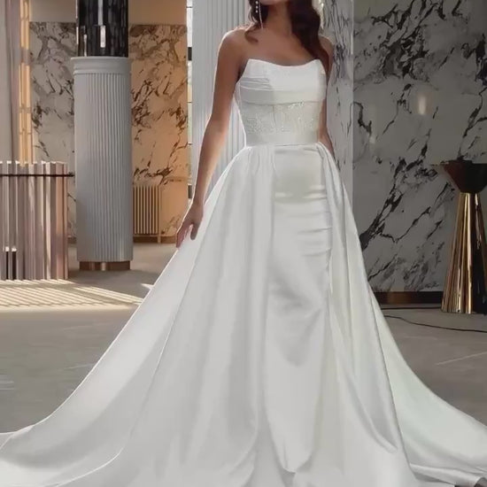 Luxury Beaded Lace Corset Wedding Dress | Mermaid Silhouette | Detachable Satin Overskirt & Lace Sleeves | Elegant Bridal Gown