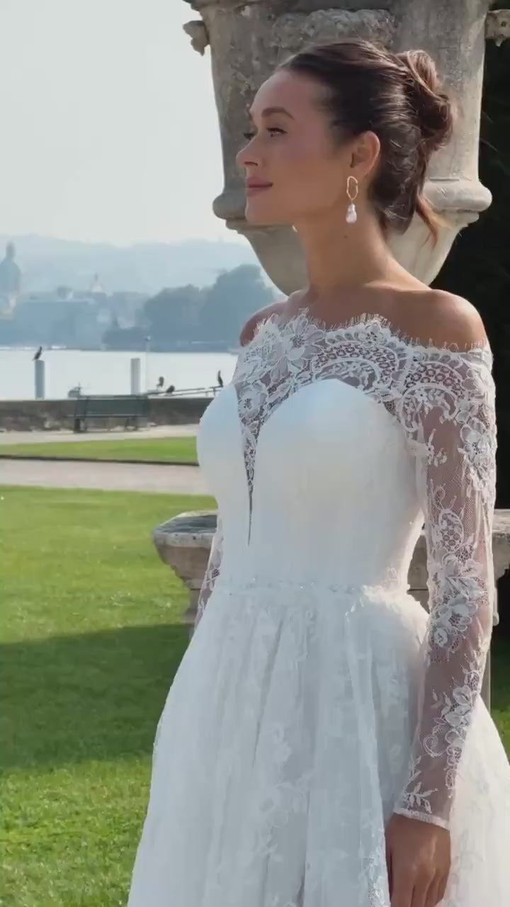 Lace Wedding Dress Off Shoulder Long Sleeve Bridal Gown A Line Romantic Wedding Dress With Slit Custom Made