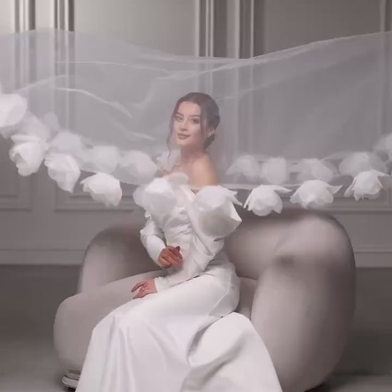 3D Floral Wedding Veil | Soft Tulle Cathedral Veil with Organza Flowers Bridal Cape Veil Cathedral Length One Tier, Long Floral Wedding Veil