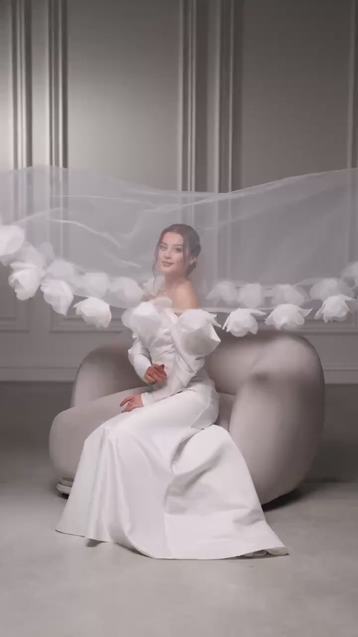 3D Floral Wedding Veil | Soft Tulle Cathedral Veil with Organza Flowers Bridal Cape Veil Cathedral Length One Tier, Long Floral Wedding Veil
