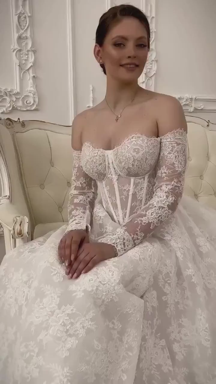 Elegant Off-Shoulder white Bridal Gown with Delicate Lace, Timeless column Wedding Dress with Corset Back and Long lace Sleeves a-line dress