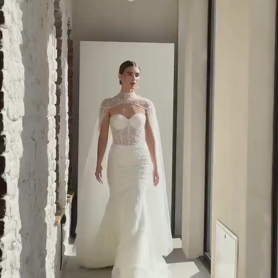 Beaded Bridal Gown with Cape, Sweetheart Neckline, Sleeveless Mermaid Lace Corset Dress, Romantic Train Wedding Dress