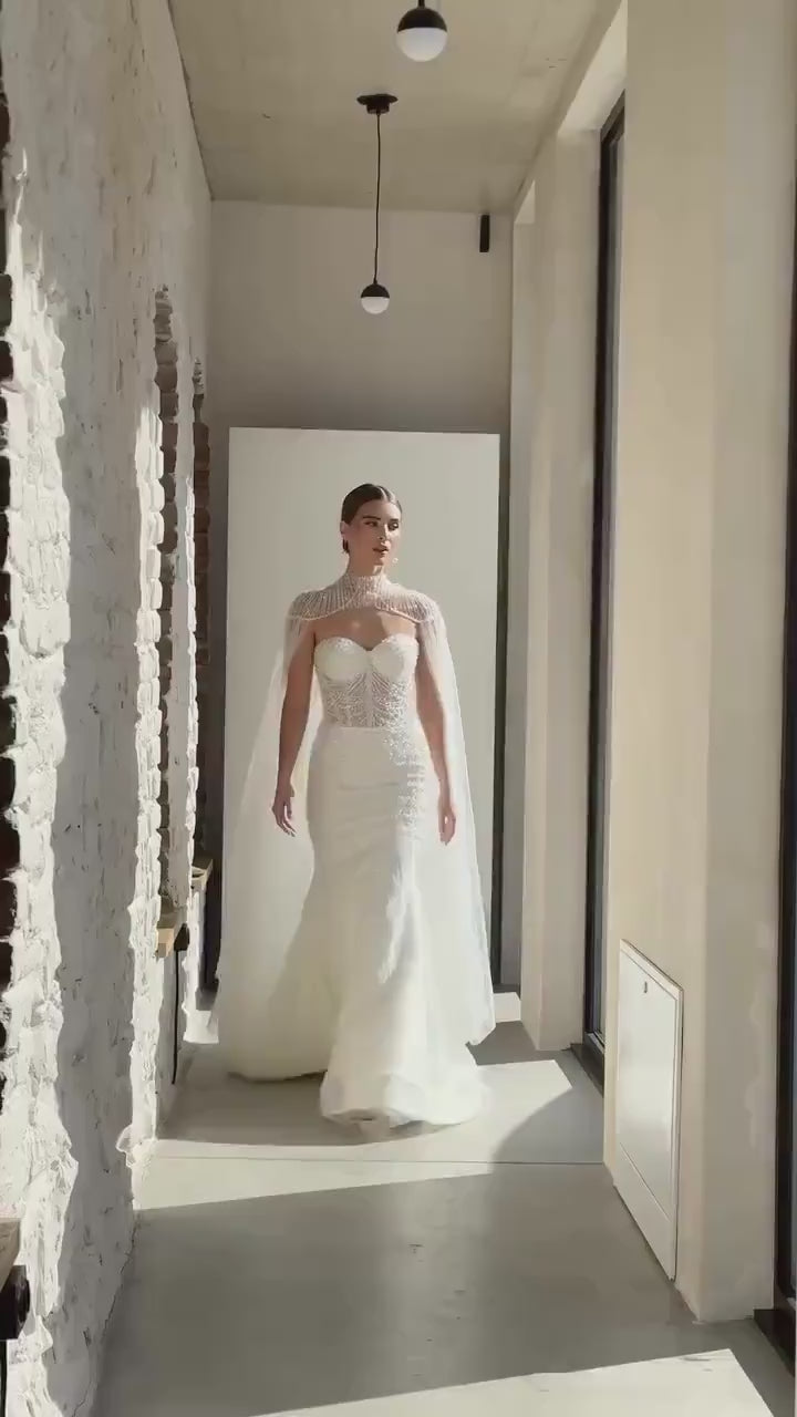 Beaded Bridal Gown with Cape, Sweetheart Neckline, Sleeveless Mermaid Lace Corset Dress, Romantic Train Wedding Dress