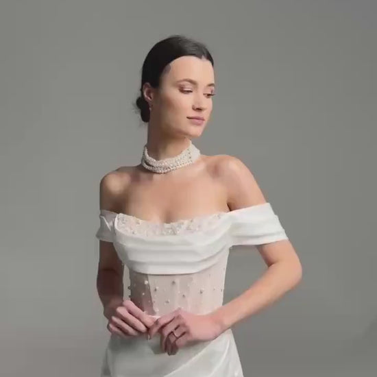 Elegant Satin Wedding Dress – Off-Shoulder Corset with Pearl Embroidery – High-Slit Wrap Skirt – Modern Bridal Gown – Custom Wedding Dress
