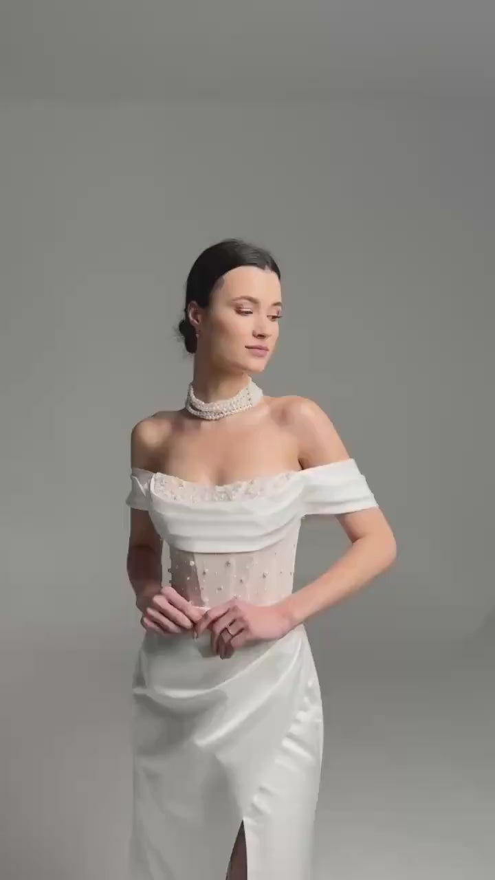 Elegant Satin Wedding Dress – Off-Shoulder Corset with Pearl Embroidery – High-Slit Wrap Skirt – Modern Bridal Gown – Custom Wedding Dress