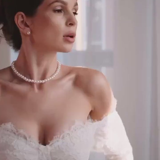 JACO Lace Off Shoulder Long Sleeve Bridal Gown with Corset