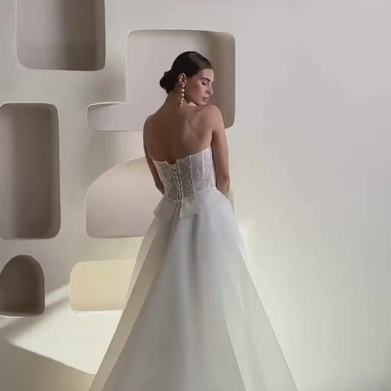 Romantic Off-Shoulder Wedding Dress with Lace Corset, Organza Skirt, Slit, Backless A-Line Bridal Gown, Floral Long Sleeve Gown
