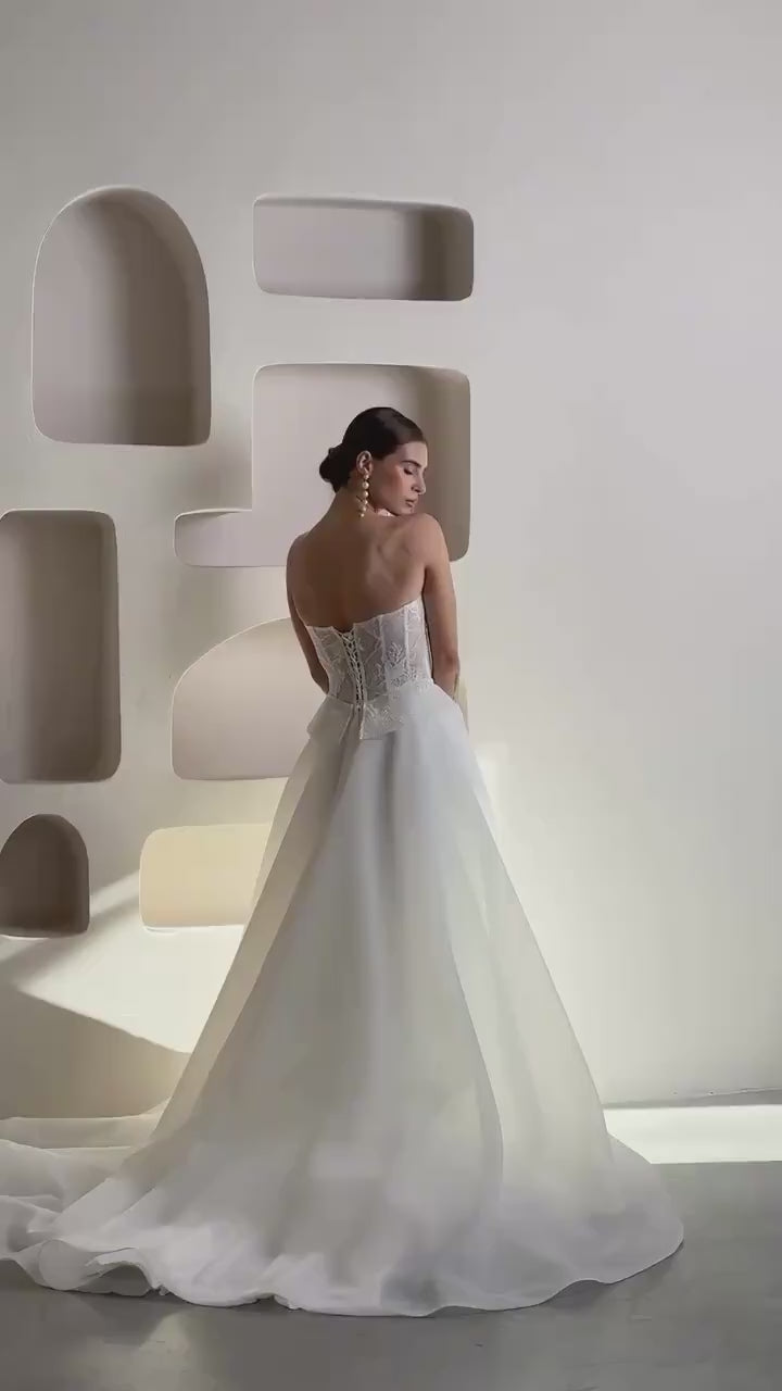 Romantic Off-Shoulder Wedding Dress with Lace Corset, Organza Skirt, Slit, Backless A-Line Bridal Gown, Floral Long Sleeve Gown