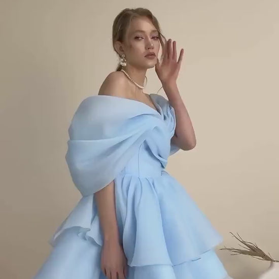 Off Shoulder Organza Short Wedding Dress • Puffy Mini Bridal Dress • Colorful Party Gown • Layered Ruffle Dress • Reception Dress