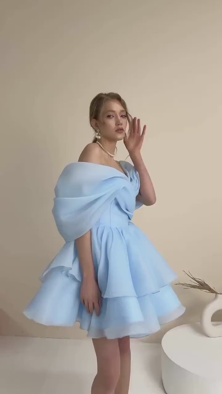 Off Shoulder Organza Short Wedding Dress • Puffy Mini Bridal Dress • Colorful Party Gown • Layered Ruffle Dress • Reception Dress