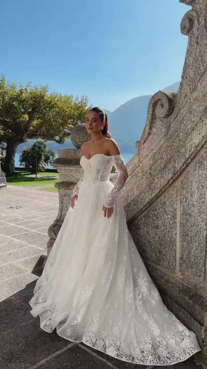 Lace Wedding Dress Off Shoulder A Line Bridal Gown Romantic Corset Bodice Long Sleeve Boho Elegant Bride Dress