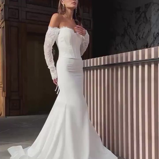 Elegant Wedding Dress with Chantilly Lace Corset, Sweetheart Neckline, Mermaid Silhouette, Crepe Skirt, Lace Sleeves, and Detachable Corset