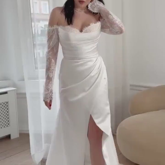 Elegant Satin Off-Shoulder Wedding Dress with Lace Sleeves and Front Slit – Fitted Bridal Gown with Train