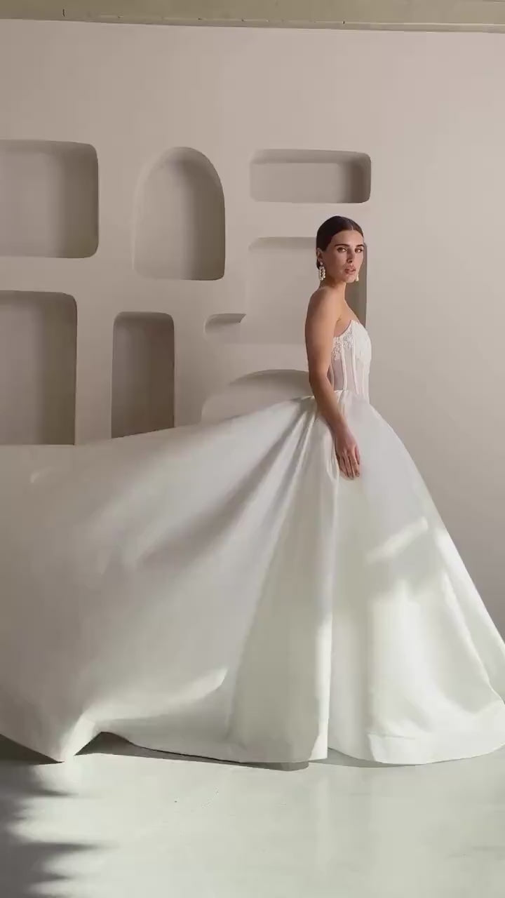 Luxury Princess Wedding Dress - Sheer Corset with Floral Lace Appliqués - Mikado Ball Gown - Elegant Bridal Couture - Custom Wedding Gown