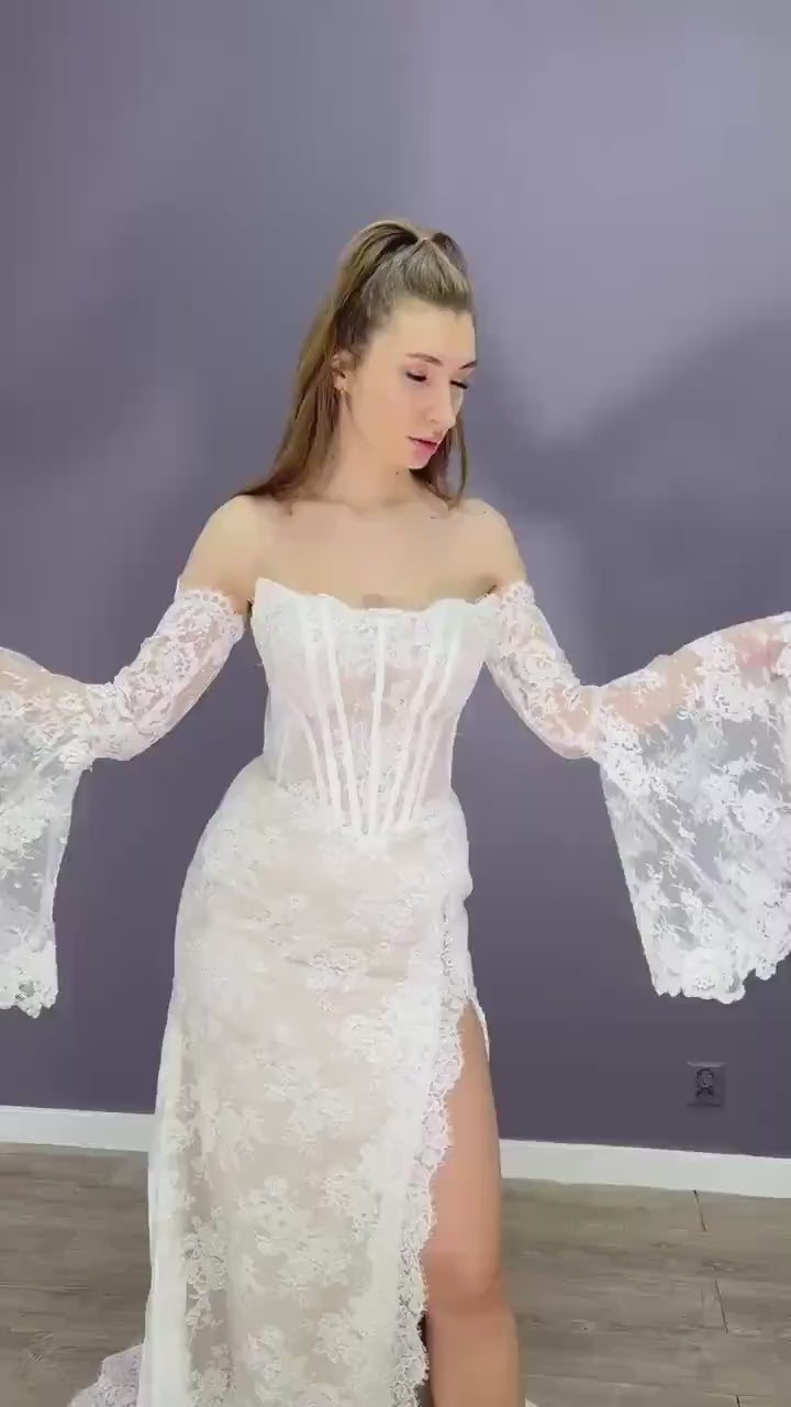 Romantic Chantilly Lace Detachable Sleeves with Flared Cuffs | Wedding Dress Accessory | Off Shoulder Sleeves for Bridal Gowns